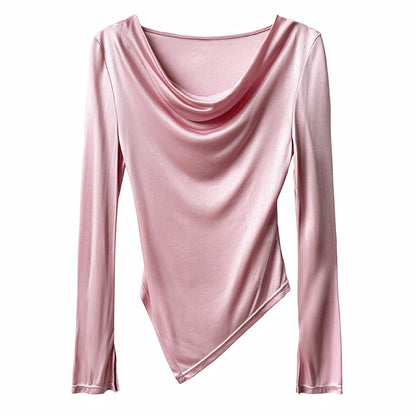 High-end design sense stacked collar irregular long-sleeved acetic acid T-shirt women's pure desire bottoming shirt top 2605