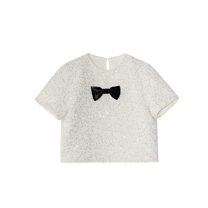 Sequin bow small fragrance style short-sleeved T-shirt