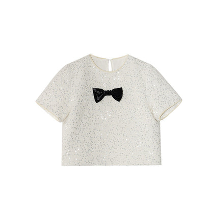 Sequin bow small fragrance style short-sleeved T-shirt