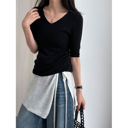 Soft and glutinous skin-friendly wool gentle style V-neck knitted sweater women's spring slim three-quarter sleeve T-shirt