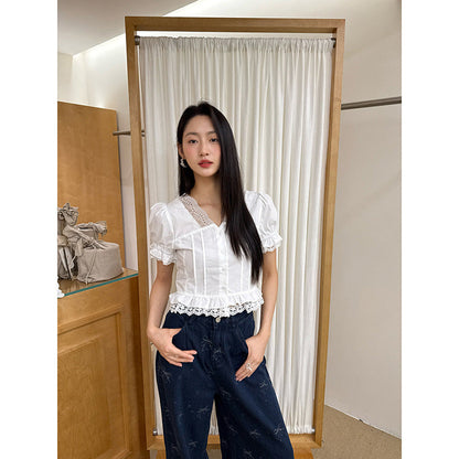 Small shirt lace edge splicing short sleeve shirt
