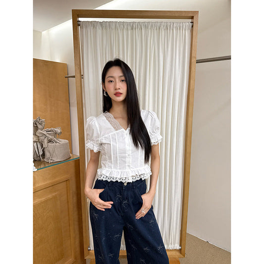Small shirt lace edge splicing short sleeve shirt