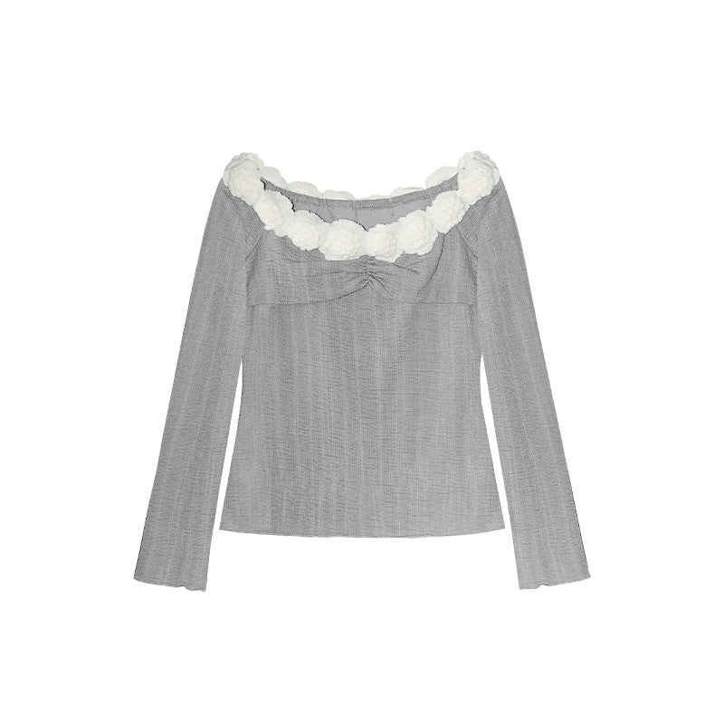 3D Floral Off-Shoulder Top – Sweet One-Shoulder Long Sleeve Blouse