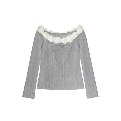3D Floral Off-Shoulder Top – Sweet One-Shoulder Long Sleeve Blouse