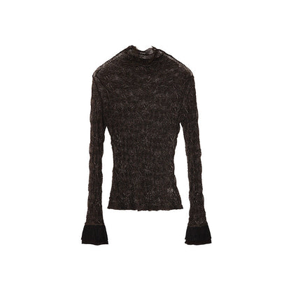 Elegant Slim Pile Long Sleeve Turtleneck Lace Bottom Shirt