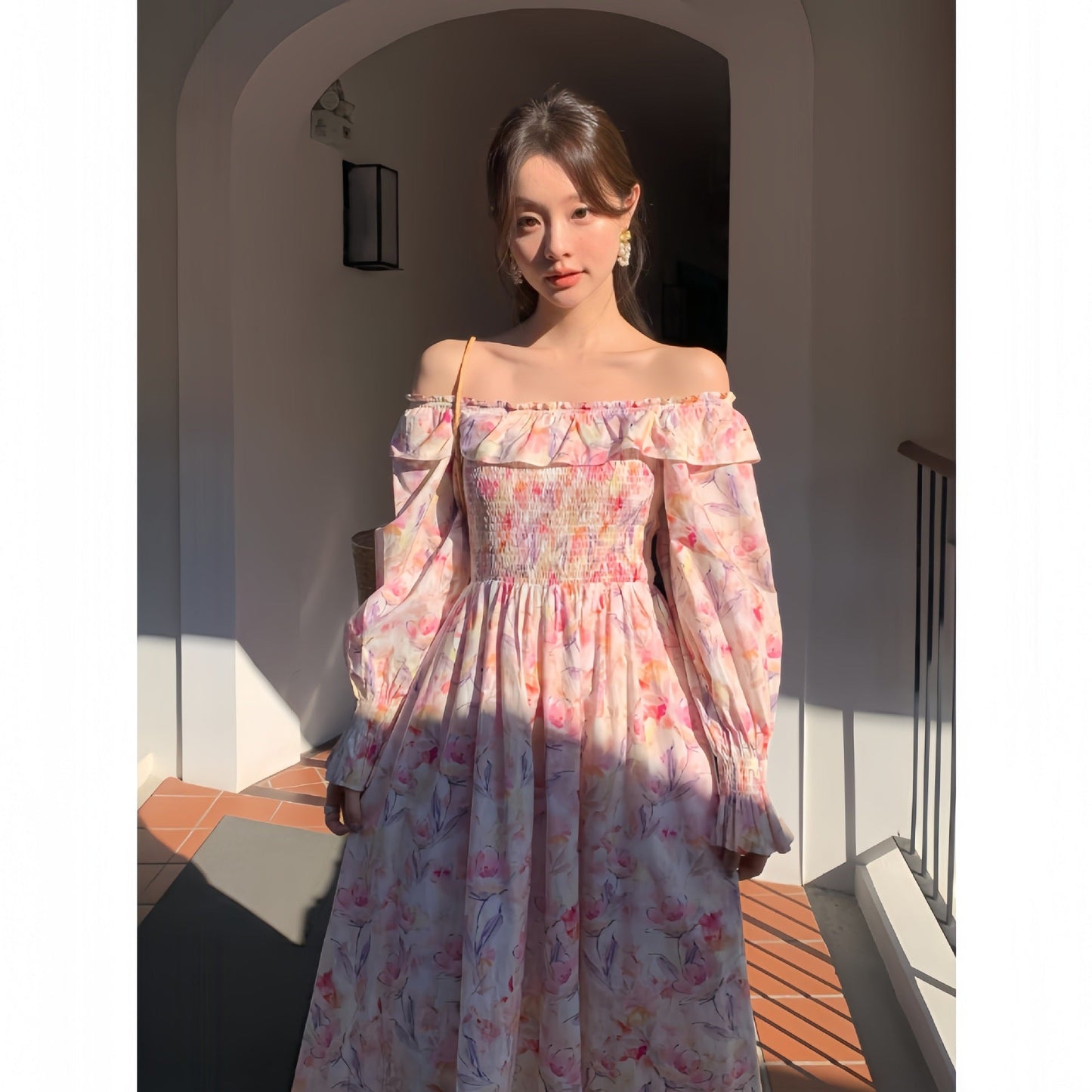 Early spring French sweet temperament age-reducing one-word shoulder floral dress
