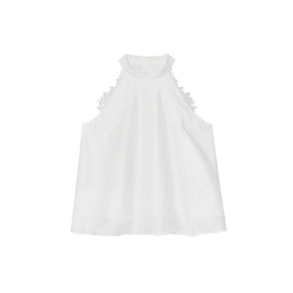Pure white stand-up neck sleeveless neck lace chiffon shirt