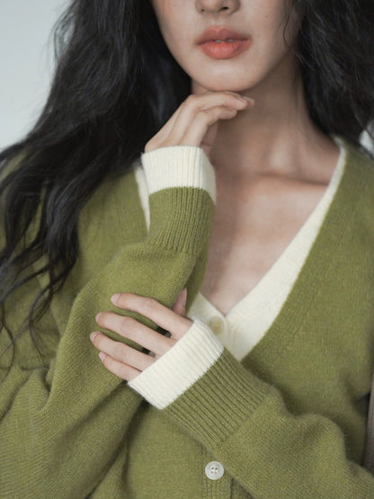 Green Layered Look Knit Cardigan | Women's Slim Spring Sweater Top
