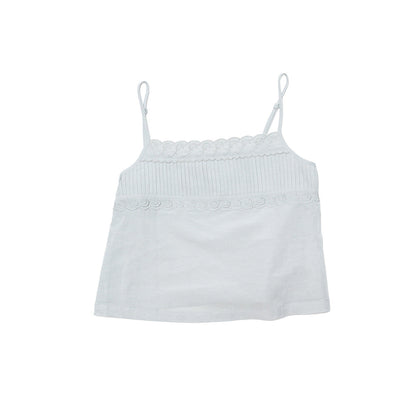 Summer new casual one-word collar linen cotton thin transparent embroidered solid color suspender top