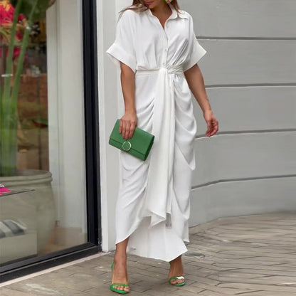 Elegant Lapel Collar Printed High-Waist Maxi Dress