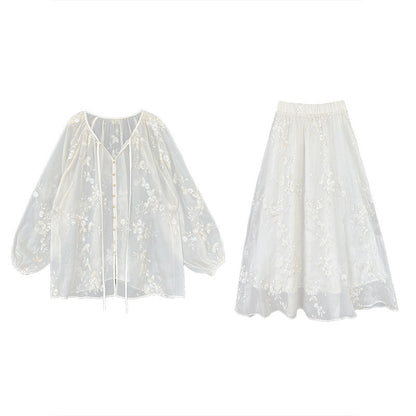 Embroidered shirt skirt set women's summer new heavy industry sunscreen two-piece set