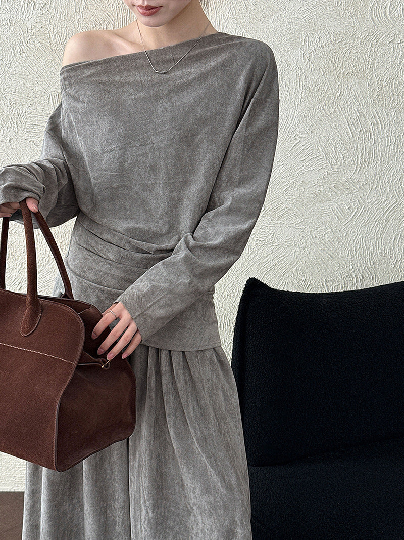 Irregular swing collar dew slanted shoulder top + wide-leg pants two-piece set autumn suede spice girl foreign style set