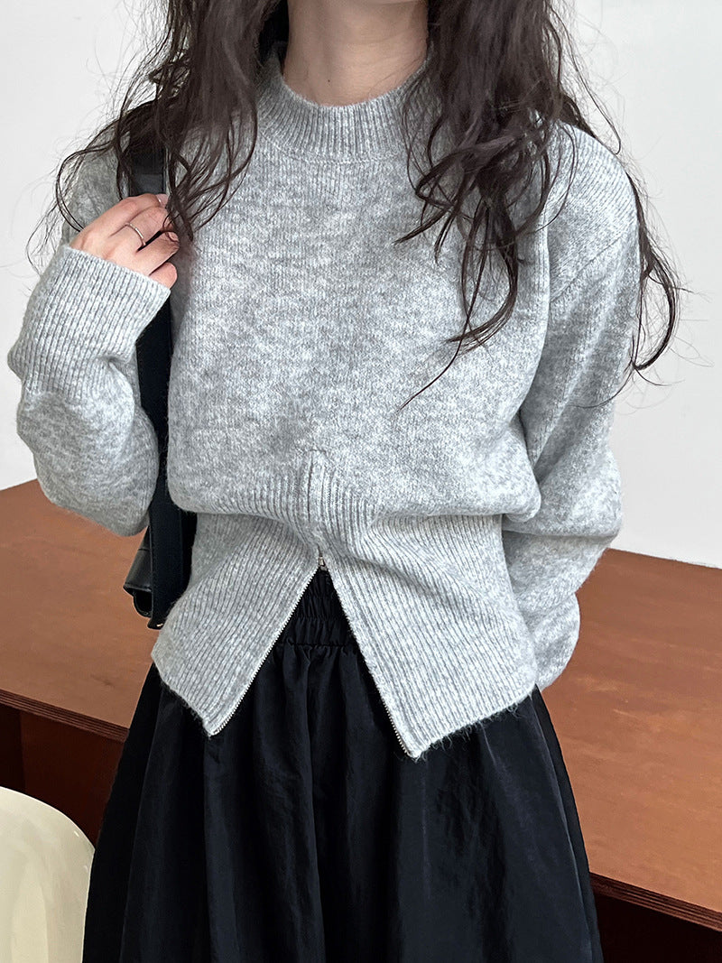Short zipper sweater foreign high-end niche design round neck pullover top