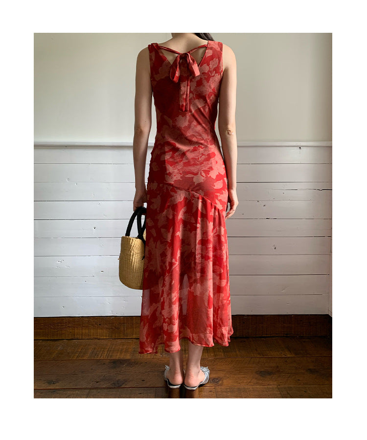Women's High-Waist Floral Print Swing Collar Sleeveless A-Line Maxi Dress