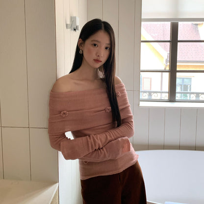 Skin-friendly one-word shoulder backless long-sleeved knitted sweater