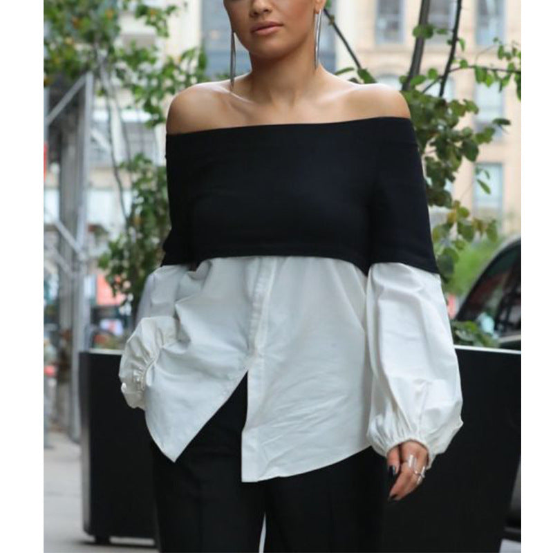 White shirt women's pullover splicing one-word shoulder loose long-sleeved T-shirt fake two-piece top