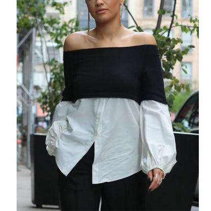 White shirt women's pullover splicing one-word shoulder loose long-sleeved T-shirt fake two-piece top
