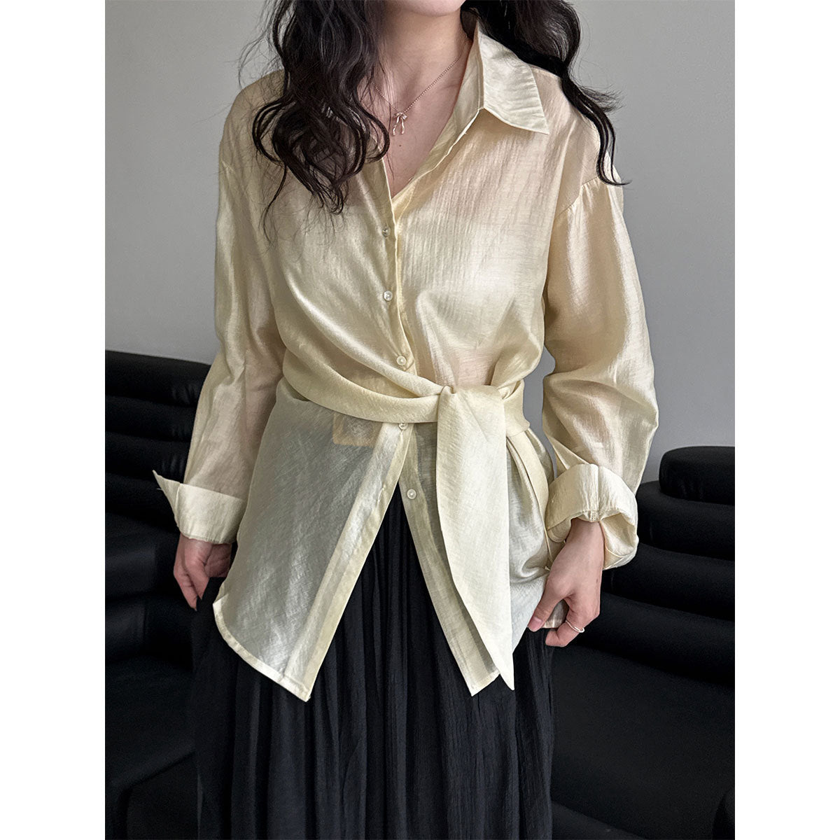 French hem strap-up Tencel acetate sunscreen shirt women's summer new light and thin long-sleeved shawl