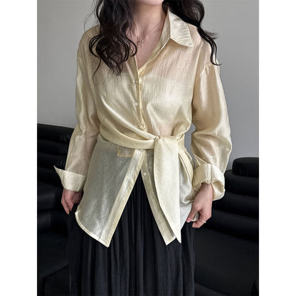 French hem strap-up Tencel acetate sunscreen shirt women's summer new light and thin long-sleeved shawl