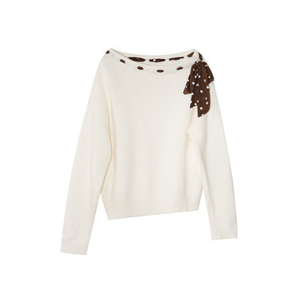 Atmospheric leopard print strap design diagonal neck off-the-shoulder sweater