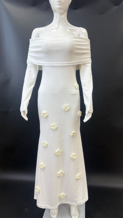 Sexy three-dimensional floral one-shoulder knit dress