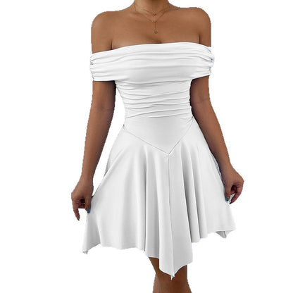 One-Shoulder Tube Top Dress Women Elastic Waist Irregular Hem Mini