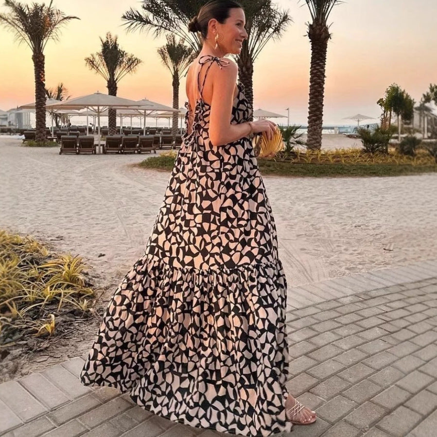Women's Fashion Printed Long Dress Loose Halter Holiday Style Sexy Suspender Dress