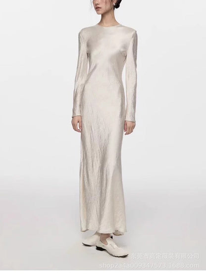 Spring and Autumn French Elegance Temperament Fashion Penny Extreme Satin Folded Long Sleeve Dress Women