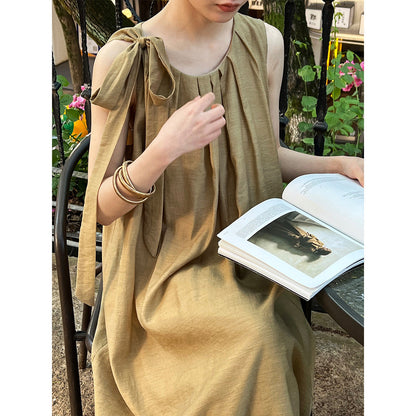 French imitation linen pleated sleeveless A-shaped dress, thin high-end vest skirt, vacation dress