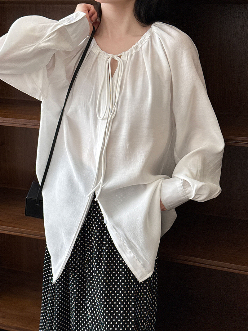 Tencel light and transparent neckline pleated lace-up shirt women's summer new shirt long-sleeved top
