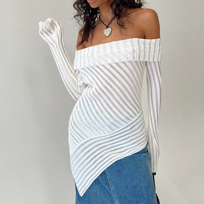 Off-Shoulder Knitted Sweater Women Long Sleeve Slim Fit French Style Top