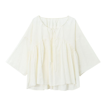 Pleated Tencel Long Sleeve Loose Pullover Shirt