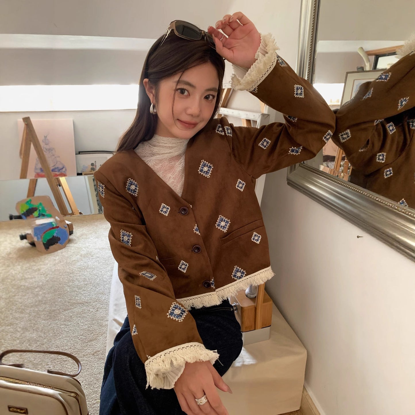 Vintage fringed design rhombus embroidered short temperament suede jacket