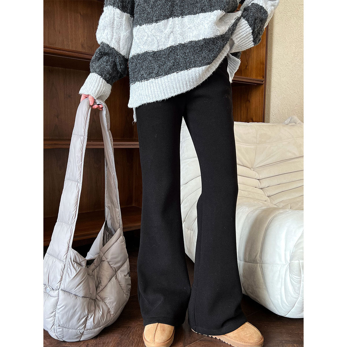 Korean style minimalist fleece-lined thickened versatile micro-flare casual pants - women's new loose-fit floor-length trousers