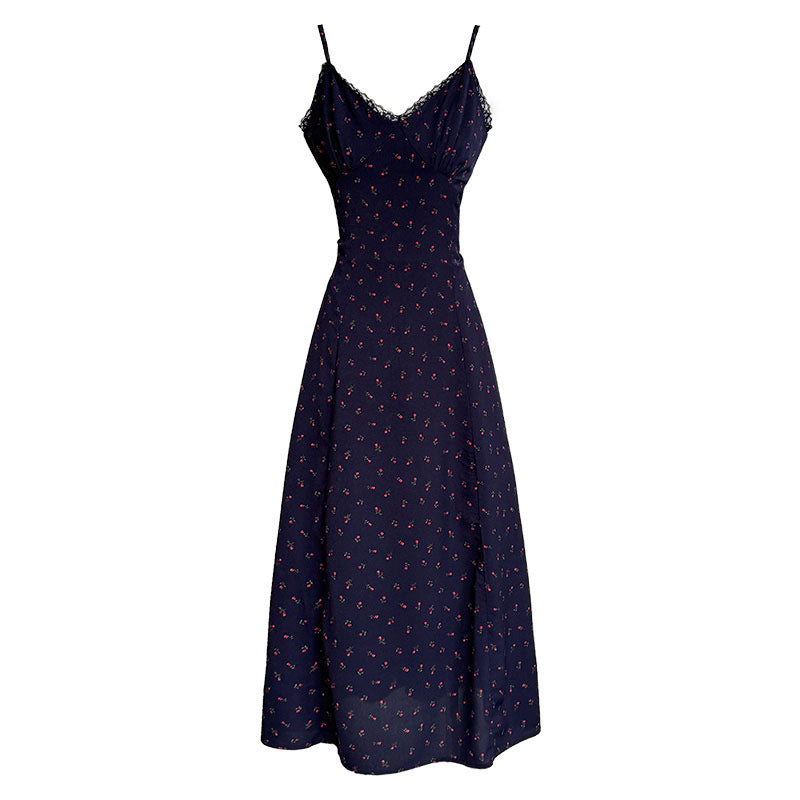 French temperament floral v-neck suspender skirt women's spring new slim-fitting and thin vest dress