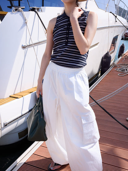Vintage premium polo neck striped sleeveless knitted sweater