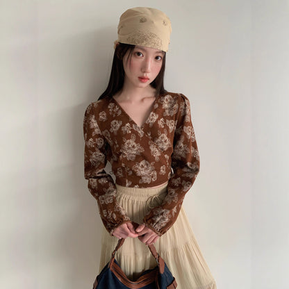 Maillard Temperament Vintage Back Strap Long Sleeve V-Neck Printed Shirt