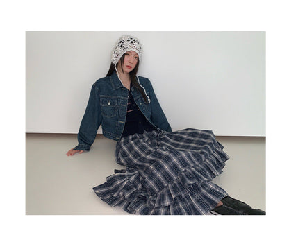 Academy style retro literary versatile lotus leaf edge plaid skirt women