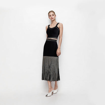 Sleeveless Two-Piece Set Women Hollow Beaded Vest Top Skirt Suit