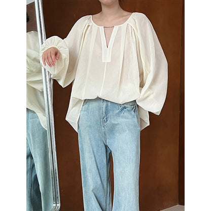 French double V-neck chain design lantern sleeve