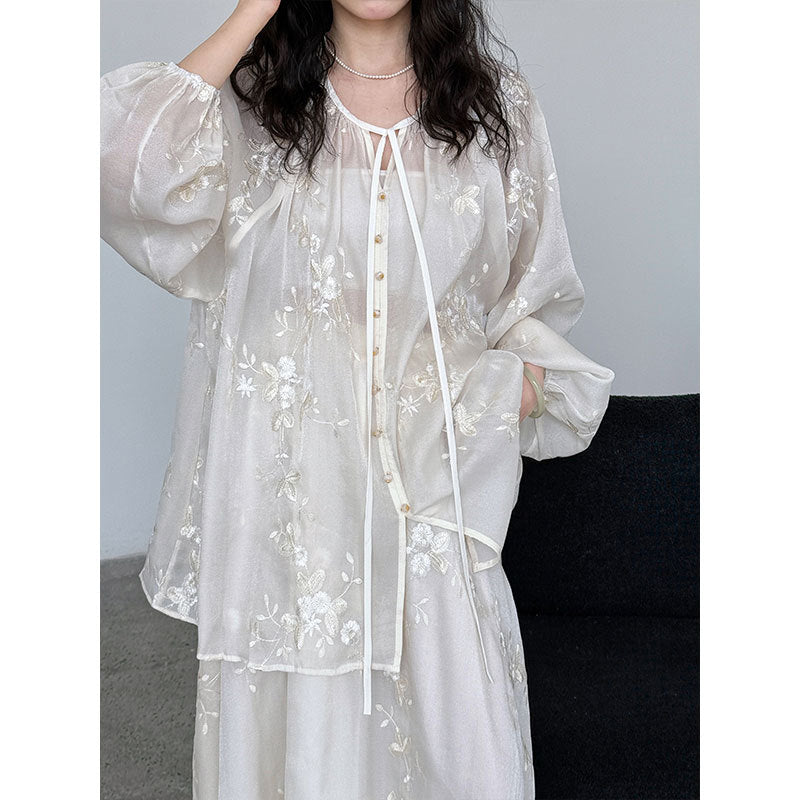 Embroidered shirt skirt set women's summer new heavy industry sunscreen two-piece set