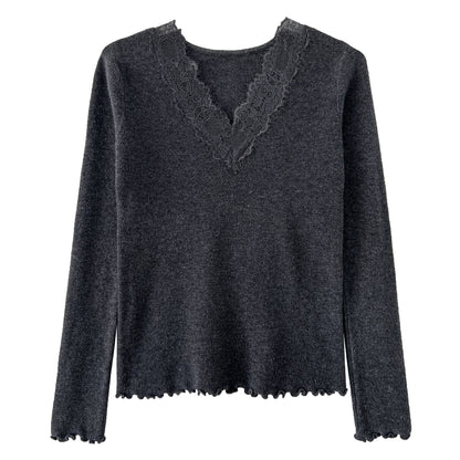 French slim temperament lace v-neck thin inner women's winter new inner versatile knitting