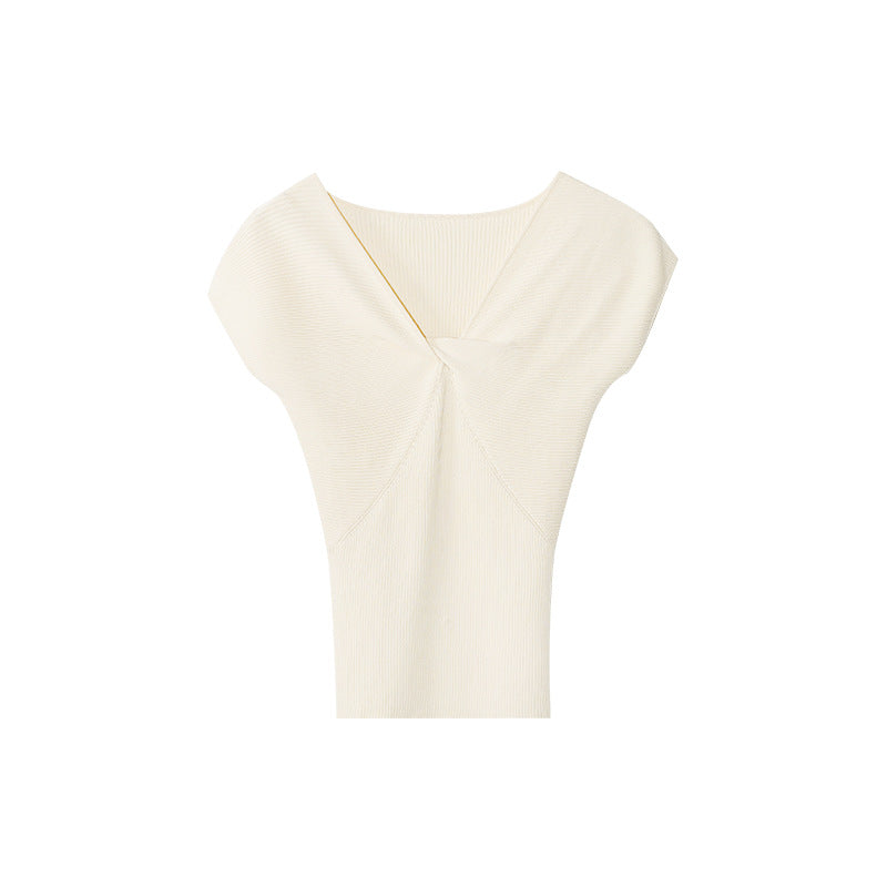 Elastic pit strip short-sleeved knitted slim kink v-neck top S578