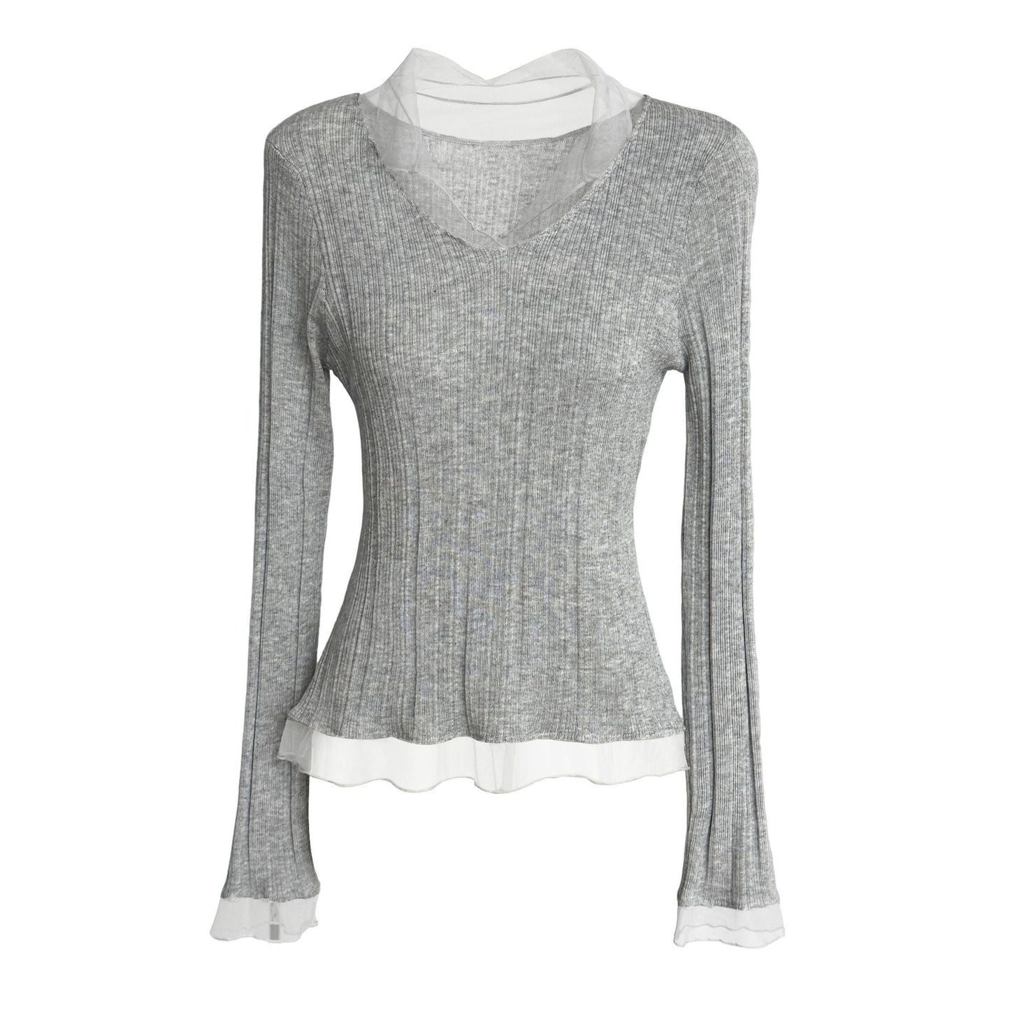 Korean mesh splicing V-neck knitted bottoming shirt women's early spring wool thin pit strip T-shirt
