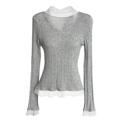 Korean mesh splicing V-neck knitted bottoming shirt women's early spring wool thin pit strip T-shirt