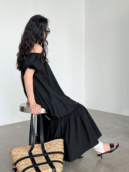 Korean version of the sweet dress summer new bubble sleeve suspender skirt one-word shoulder holiday style dress