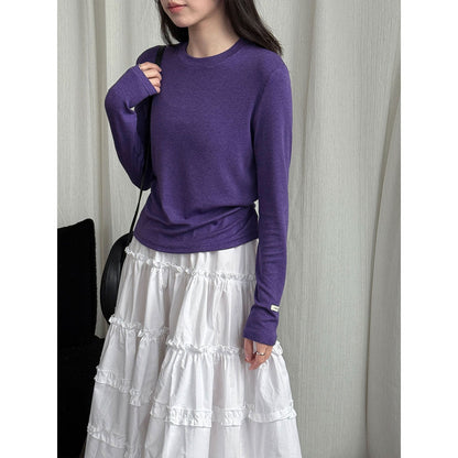 Soft waxy 28% Tencel wool loose high elastic long-sleeved bottoming shirt women's early spring simple inner T-shirt