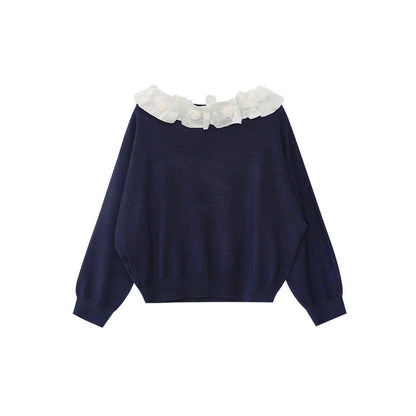 A beautiful lace slanted shoulder open-back knit sweater