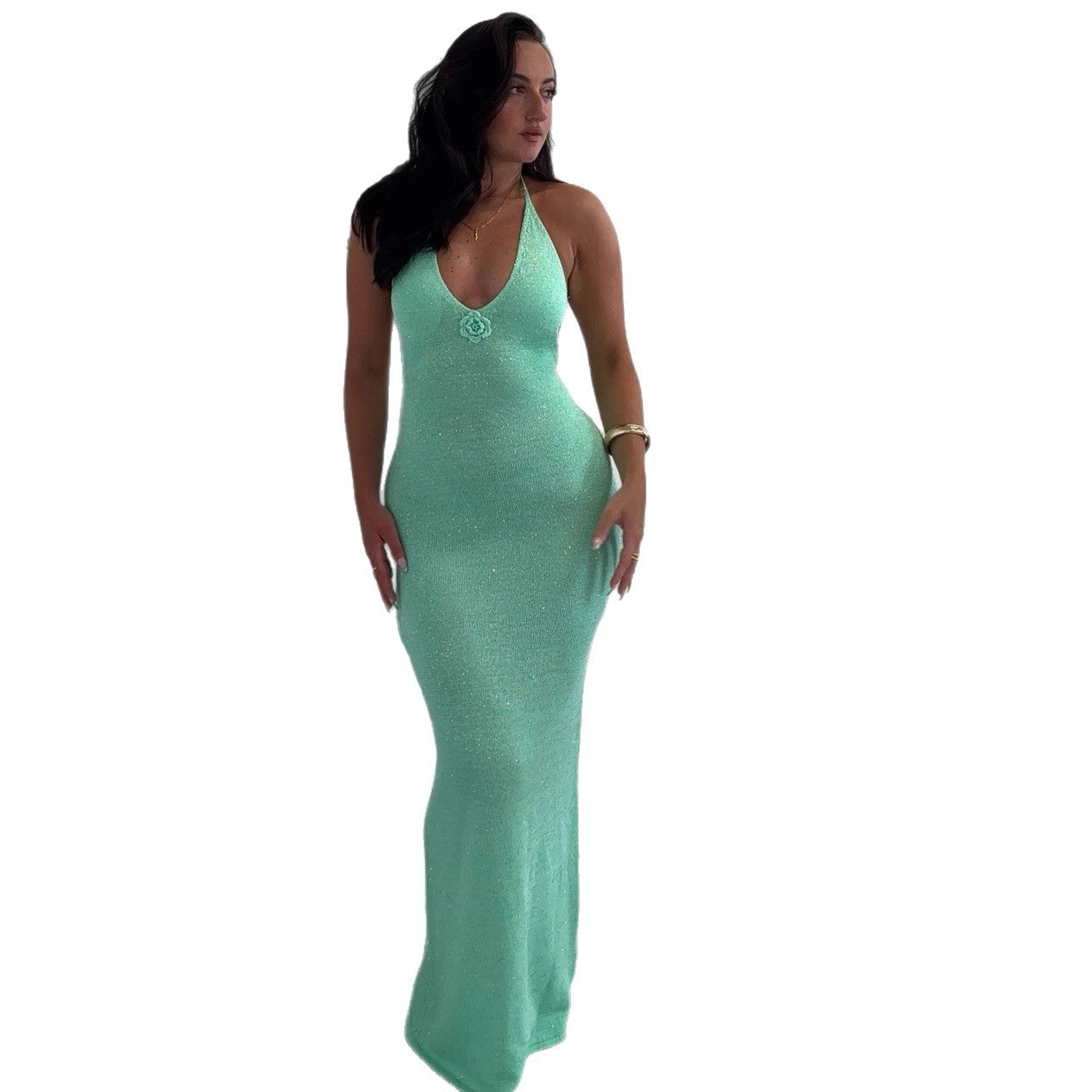 Women's New Fashion Sexy Spice Girl Beauty Back Suspender Dress Flower Slim Knitted Dress