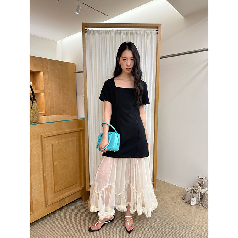 Hepburn mesh stitching short-sleeved square neck dress